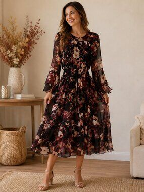 Reba Floral Ruffle Sleeve Midi Dress Size Small